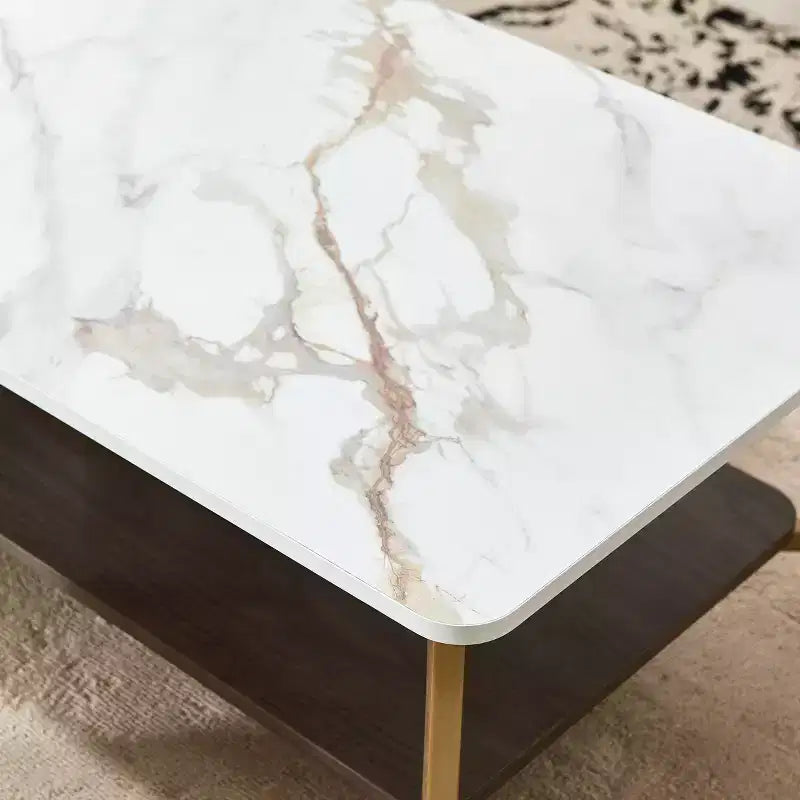 Tavolino da caffè rettangolare GDFStudio Nat 47.24 con doppio strato in ferro, piano in ceramica e ripiano in legno