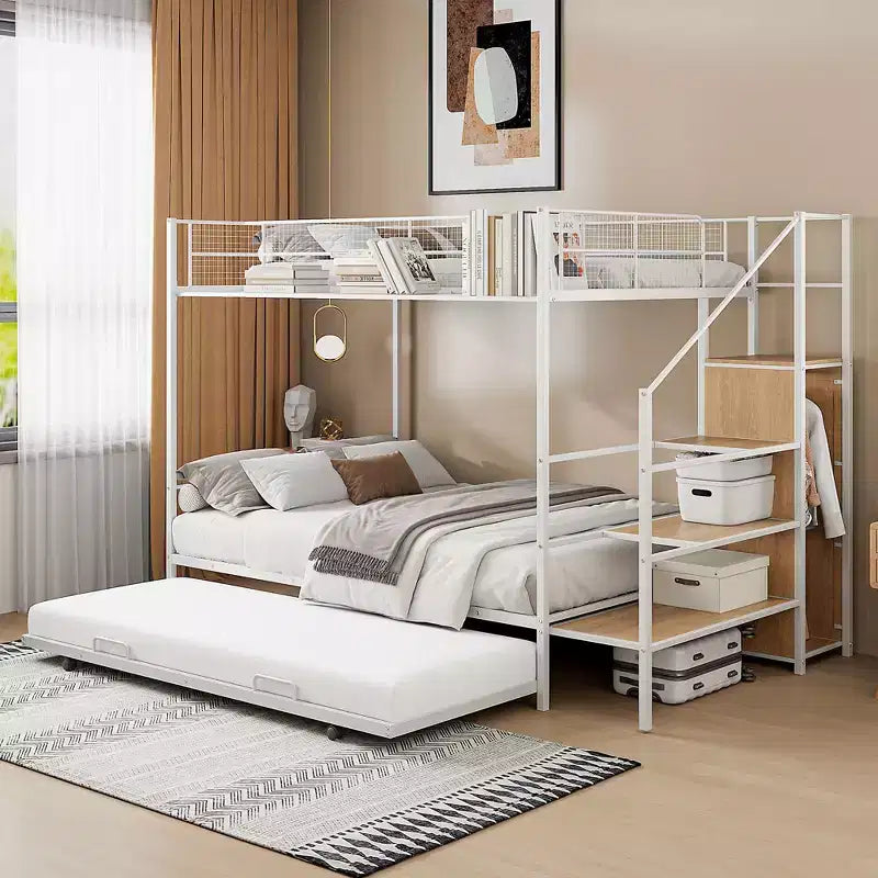 Letti a castello Okak Twin Over Full per bambini, struttura del letto a piattaforma in metallo con letto estraibile e scaletta di contenimento laterale, armadio per camera da letto, bianco