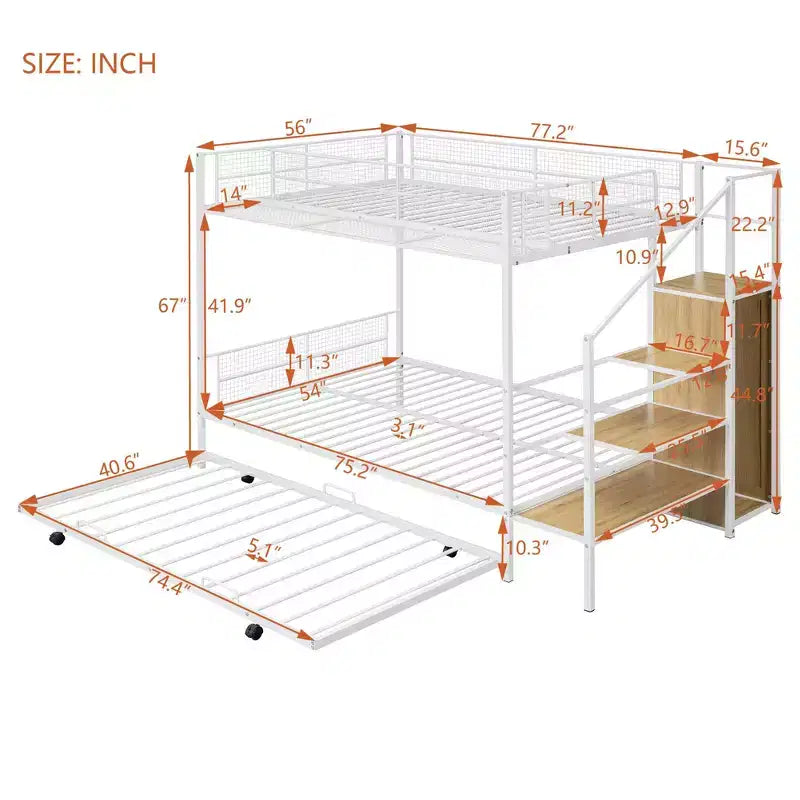 Letti a castello Okak Twin Over Full per bambini, struttura del letto a piattaforma in metallo con letto estraibile e scaletta di contenimento laterale, armadio per camera da letto, bianco