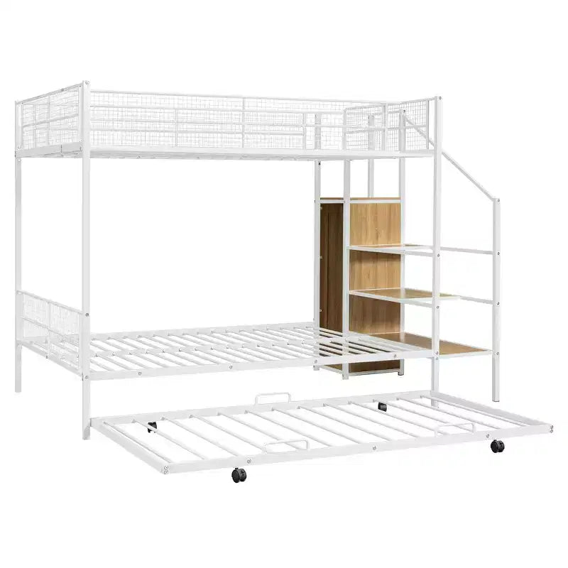 Letti a castello Okak Twin Over Full per bambini, struttura del letto a piattaforma in metallo con letto estraibile e scaletta di contenimento laterale, armadio per camera da letto, bianco