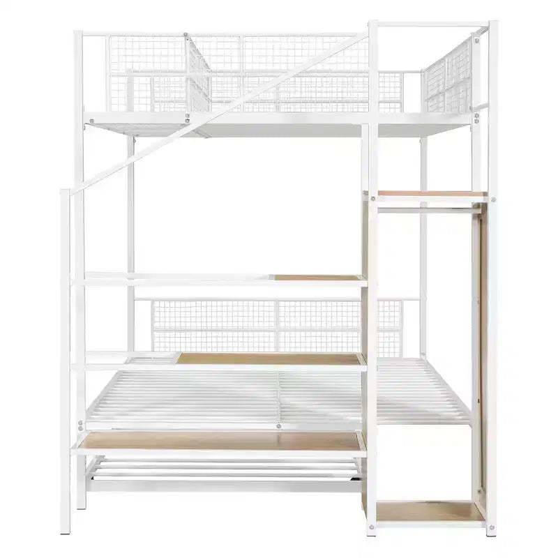 Letti a castello Okak Twin Over Full per bambini, struttura del letto a piattaforma in metallo con letto estraibile e scaletta di contenimento laterale, armadio per camera da letto, bianco