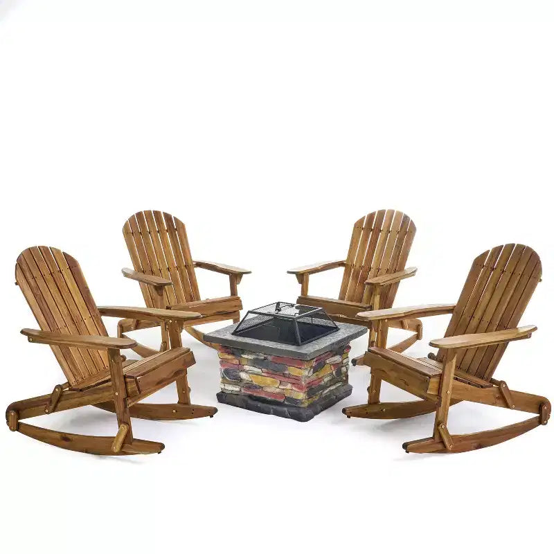 Christopher Knight Home Hermes Outdoor Acacia Wood 5 Piece Adirondack Rocking Chair and Fire Pit Set