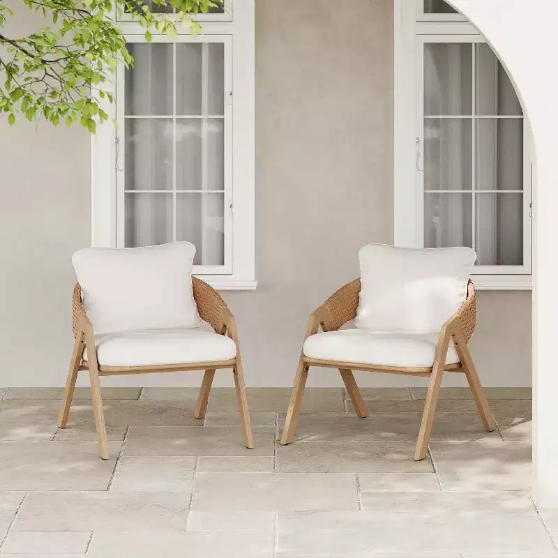 Christopher Knight Home Kaia Patio Modern Metal & Rattan Upholstered Accent Chairs with Faux Wood Finish (Set of 2)