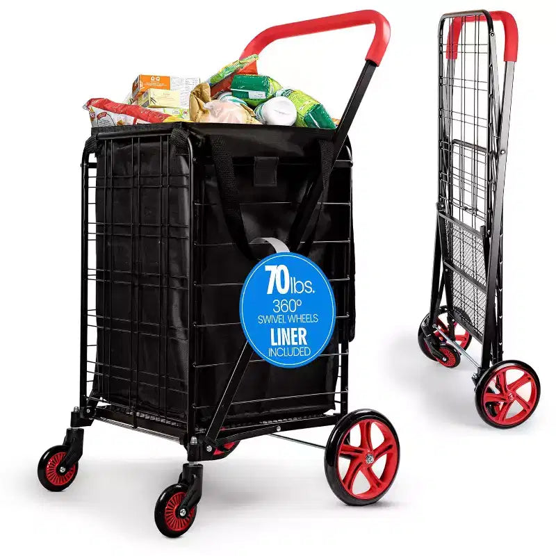 SereneLife Small Foldable Shopping Cart with Removable Cart Liner - 360 Rolling Swivel Wheels, 70 lbs Weight Capacity