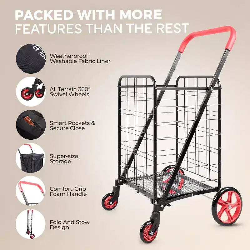 Carrello della spesa pieghevole piccolo SereneLife con fodera rimovibile - Ruote girevoli a 360°, capacità di carico di 32 kg
