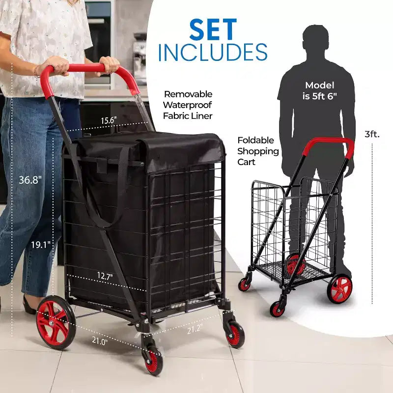 Carrello della spesa pieghevole piccolo SereneLife con fodera rimovibile - Ruote girevoli a 360°, capacità di carico di 32 kg