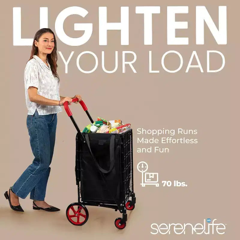 Carrello della spesa pieghevole piccolo SereneLife con fodera rimovibile - Ruote girevoli a 360°, capacità di carico di 32 kg