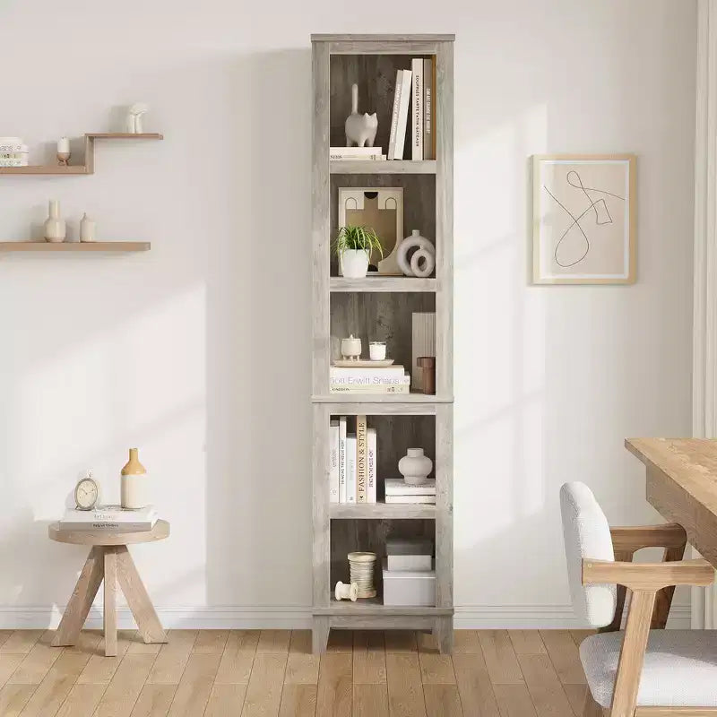 5 Tier Bookcase with Adjustable Shelves, 71 Tall Bookshelf w/ Wooden Legs, Farmhouse Bookcase for Living Room Office