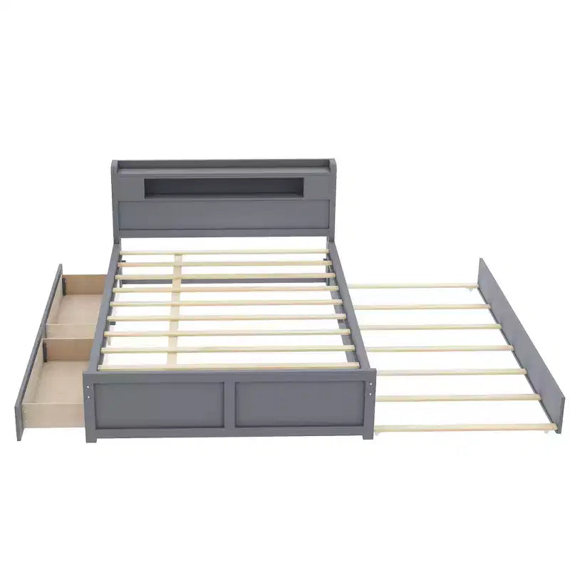 Letto a piattaforma Queen Whisen in legno con contenitore, luci LED, 2 cassetti e 1 letto estraibile