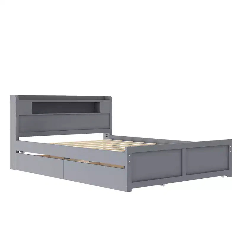 Letto a piattaforma Queen Whisen in legno con contenitore, luci LED, 2 cassetti e 1 letto estraibile