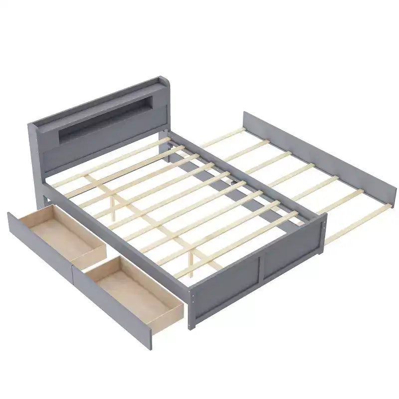 Letto a piattaforma Queen Whisen in legno con contenitore, luci LED, 2 cassetti e 1 letto estraibile