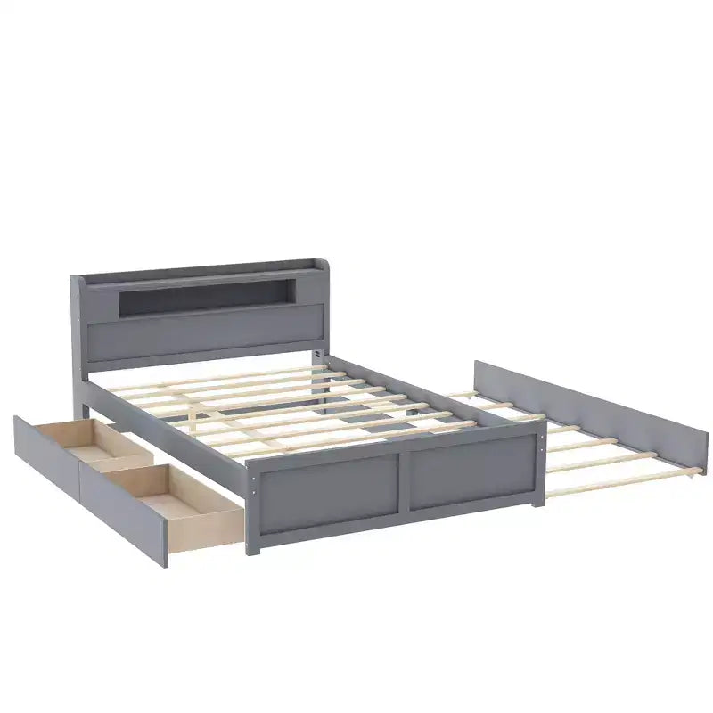 Letto a piattaforma Queen Whisen in legno con contenitore, luci LED, 2 cassetti e 1 letto estraibile