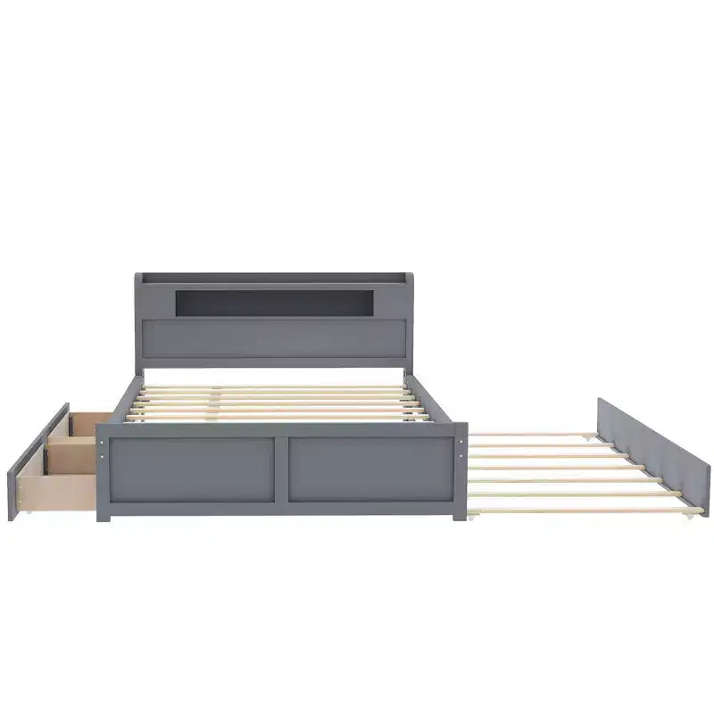 Letto a piattaforma Queen Whisen in legno con contenitore, luci LED, 2 cassetti e 1 letto estraibile