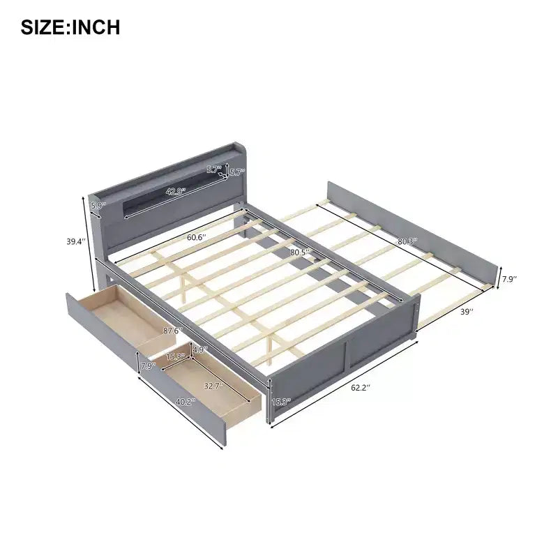 Letto a piattaforma Queen Whisen in legno con contenitore, luci LED, 2 cassetti e 1 letto estraibile
