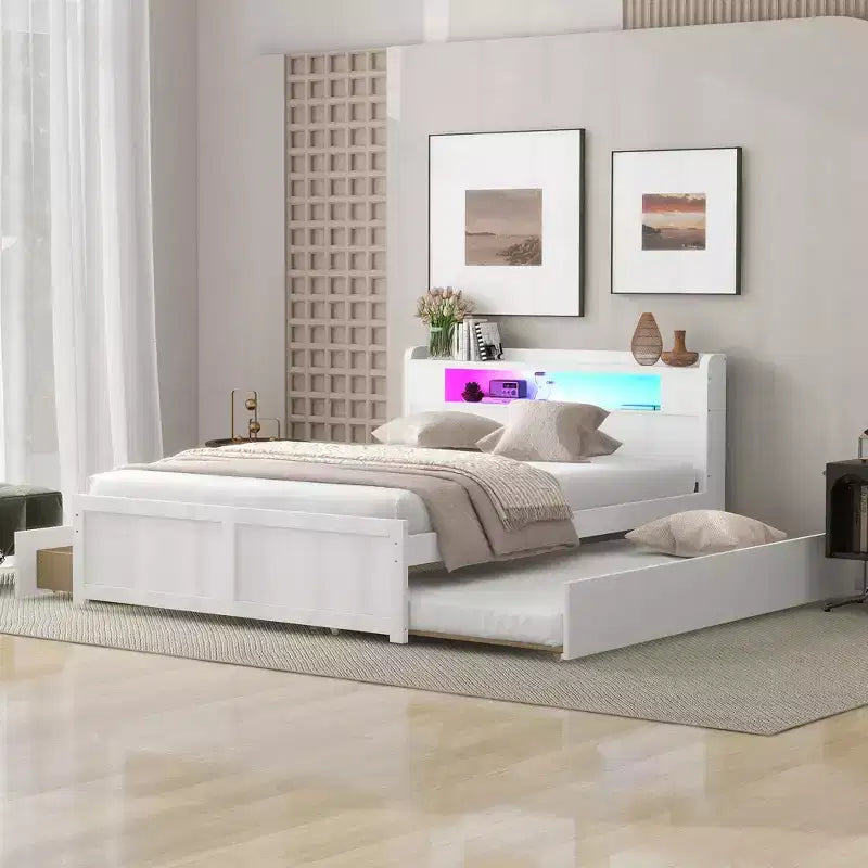 Letto a piattaforma Queen Whisen in legno con contenitore, luci LED, 2 cassetti e 1 letto estraibile