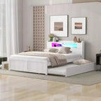Letto a piattaforma Queen Whisen in legno con contenitore, luci LED, 2 cassetti e 1 letto estraibile