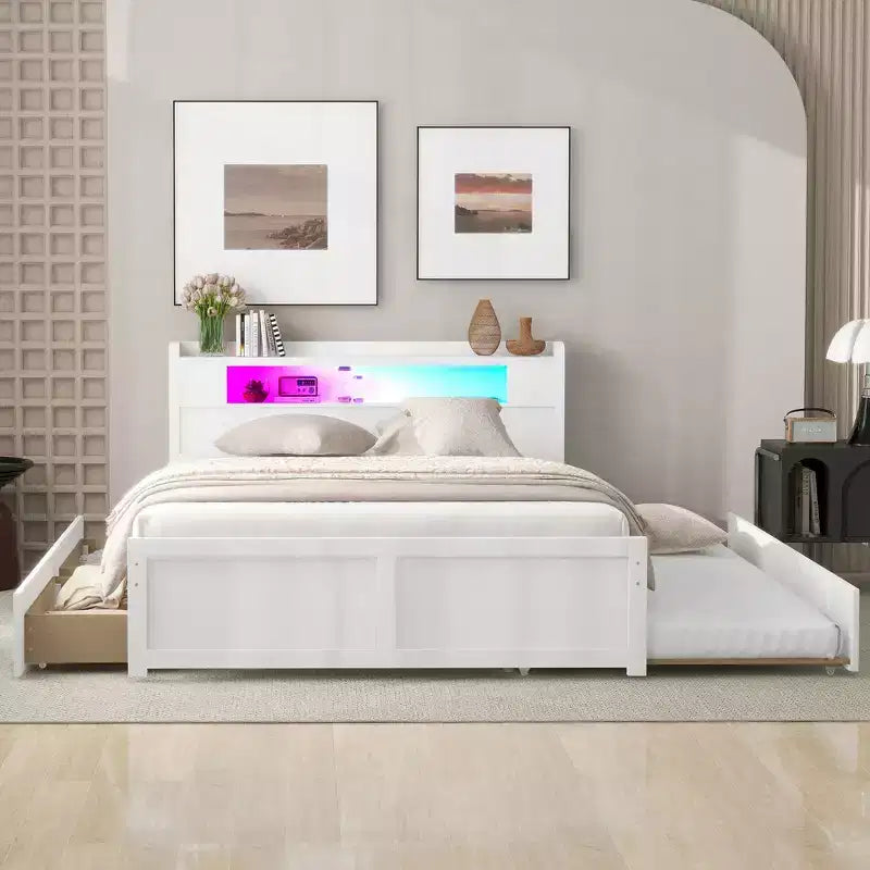 Letto a piattaforma Queen Whisen in legno con contenitore, luci LED, 2 cassetti e 1 letto estraibile