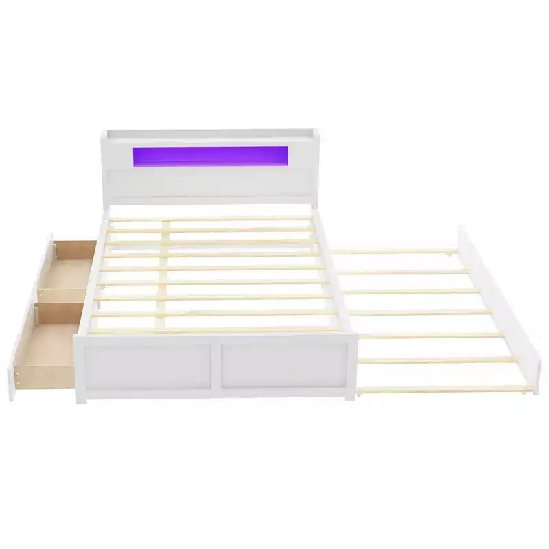 Letto a piattaforma Queen Whisen in legno con contenitore, luci LED, 2 cassetti e 1 letto estraibile