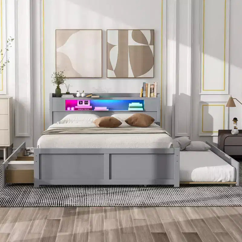 Letto a piattaforma Queen Whisen in legno con contenitore, luci LED, 2 cassetti e 1 letto estraibile