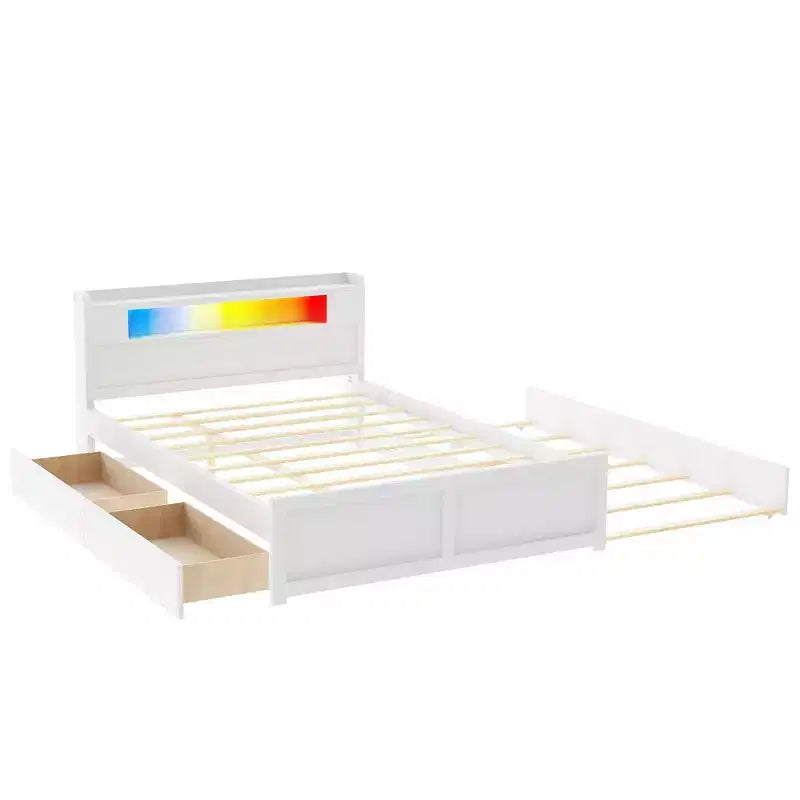 Letto a piattaforma Queen Whisen in legno con contenitore, luci LED, 2 cassetti e 1 letto estraibile
