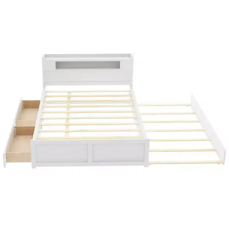 Letto a piattaforma Queen Whisen in legno con contenitore, luci LED, 2 cassetti e 1 letto estraibile