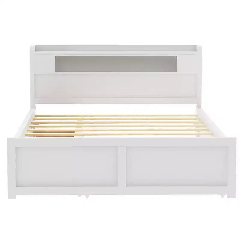 Letto a piattaforma Queen Whisen in legno con contenitore, luci LED, 2 cassetti e 1 letto estraibile