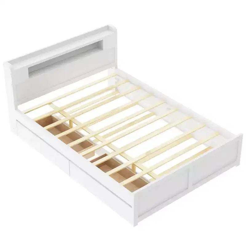 Letto a piattaforma Queen Whisen in legno con contenitore, luci LED, 2 cassetti e 1 letto estraibile
