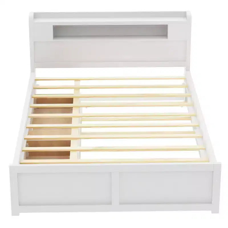 Letto a piattaforma Queen Whisen in legno con contenitore, luci LED, 2 cassetti e 1 letto estraibile