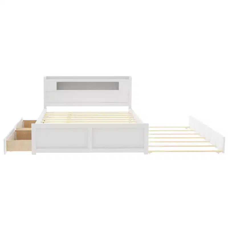 Letto a piattaforma Queen Whisen in legno con contenitore, luci LED, 2 cassetti e 1 letto estraibile