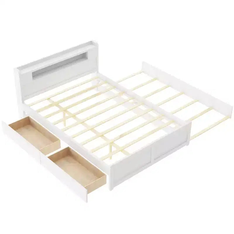 Letto a piattaforma Queen Whisen in legno con contenitore, luci LED, 2 cassetti e 1 letto estraibile