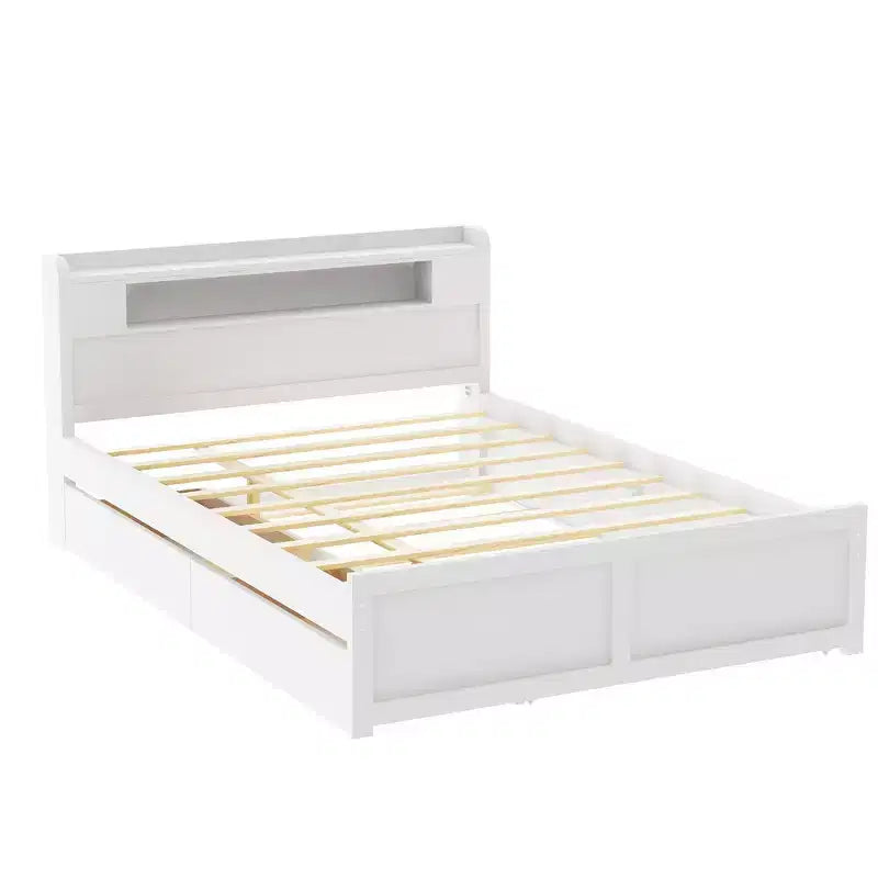 Letto a piattaforma Queen Whisen in legno con contenitore, luci LED, 2 cassetti e 1 letto estraibile