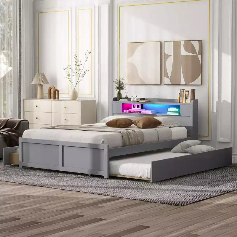 Letto a piattaforma Queen Whisen in legno con contenitore, luci LED, 2 cassetti e 1 letto estraibile