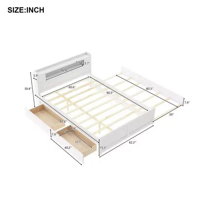 Letto a piattaforma Queen Whisen in legno con contenitore, luci LED, 2 cassetti e 1 letto estraibile