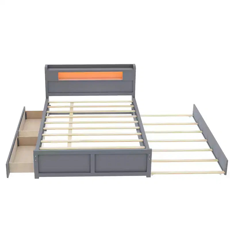 Letto a piattaforma Queen Whisen in legno con contenitore, luci LED, 2 cassetti e 1 letto estraibile