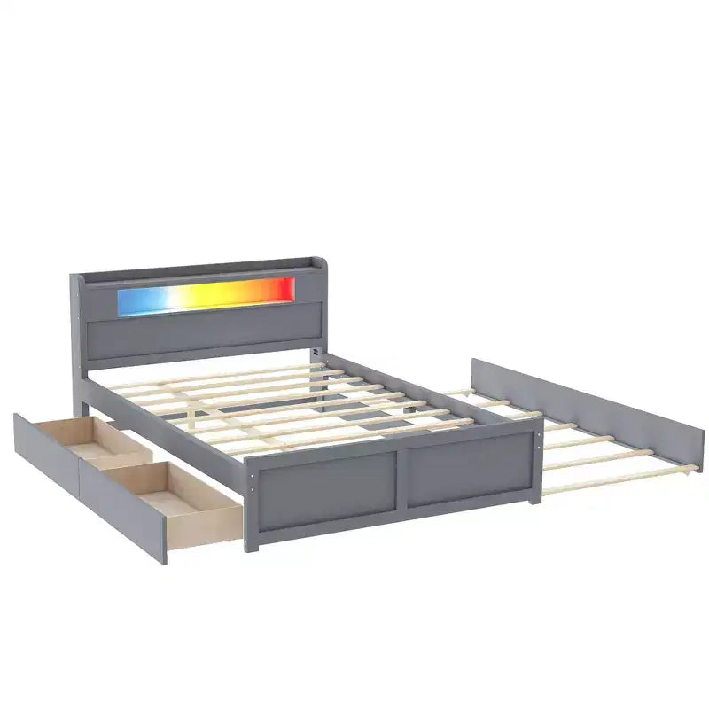 Letto a piattaforma Queen Whisen in legno con contenitore, luci LED, 2 cassetti e 1 letto estraibile