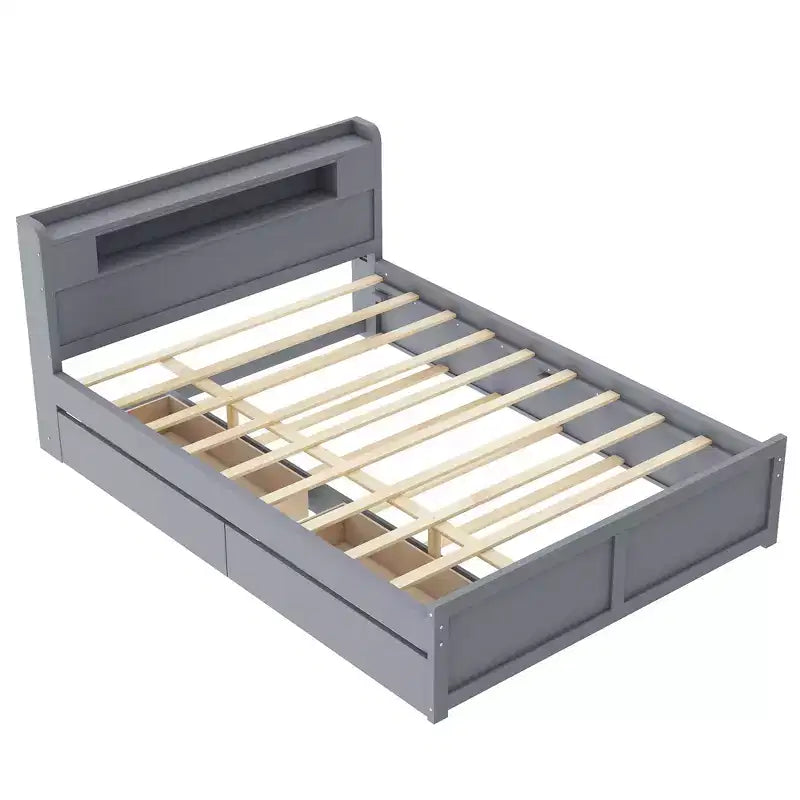 Letto a piattaforma Queen Whisen in legno con contenitore, luci LED, 2 cassetti e 1 letto estraibile