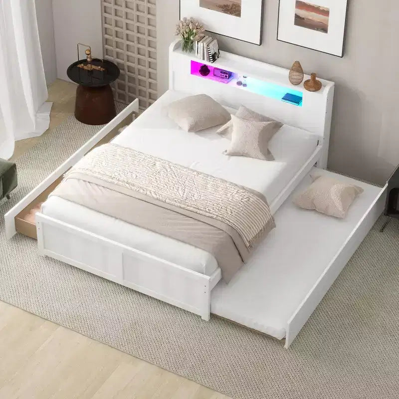 Letto a piattaforma Queen Whisen in legno con contenitore, luci LED, 2 cassetti e 1 letto estraibile