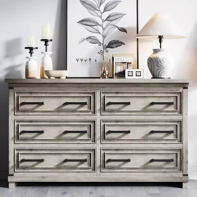 55 Farmhouse Chest of Drawers, 6 Drawer Dresser, with Natural Texture, with Metal Handle, for Living Room, Entryway
