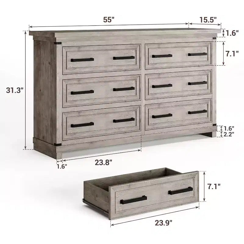 Cassettiera rustica da 55", comò a 6 cassetti, con texture naturale, con maniglia in metallo, per soggiorno, ingresso