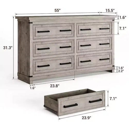 Cassettiera rustica da 55", comò a 6 cassetti, con texture naturale, con maniglia in metallo, per soggiorno, ingresso