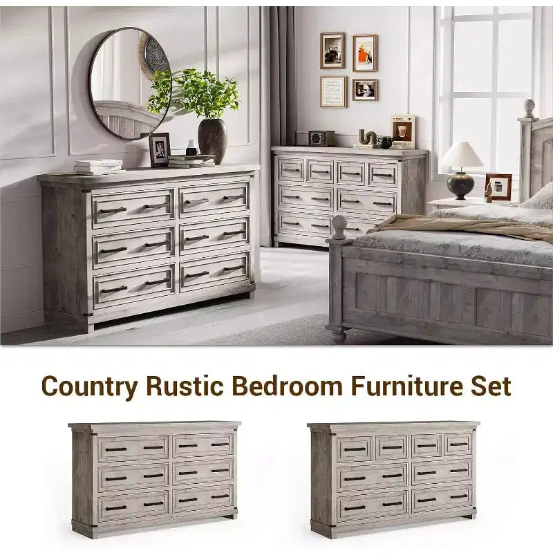 Cassettiera rustica da 55", comò a 6 cassetti, con texture naturale, con maniglia in metallo, per soggiorno, ingresso
