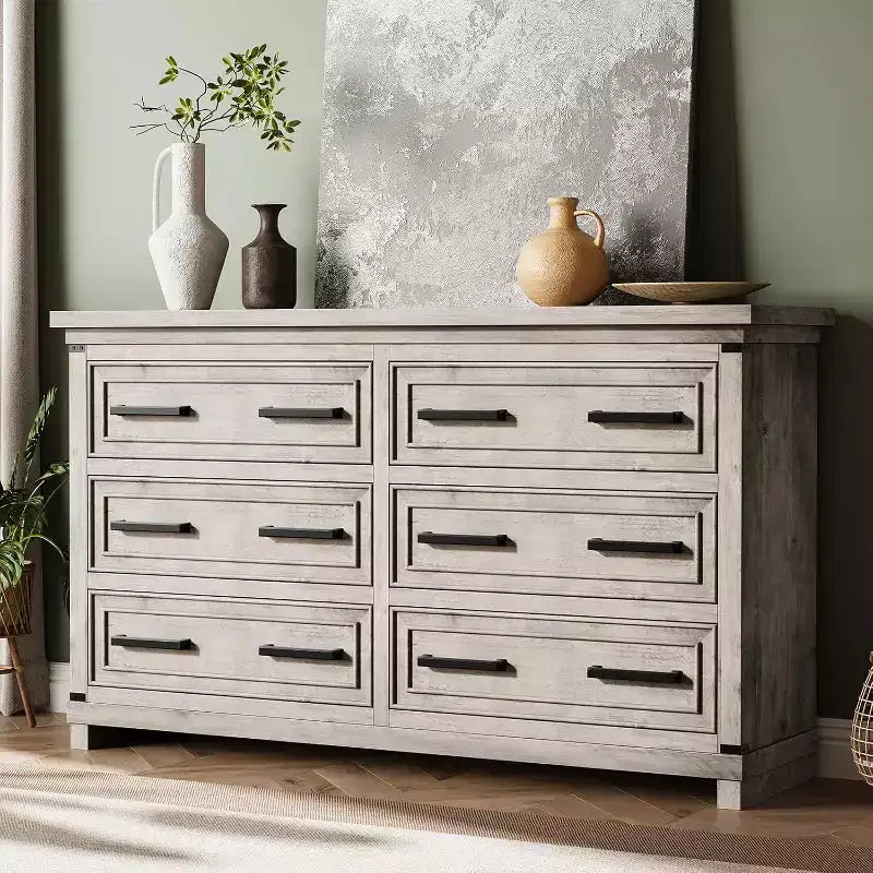 Cassettiera rustica da 55", comò a 6 cassetti, con texture naturale, con maniglia in metallo, per soggiorno, ingresso