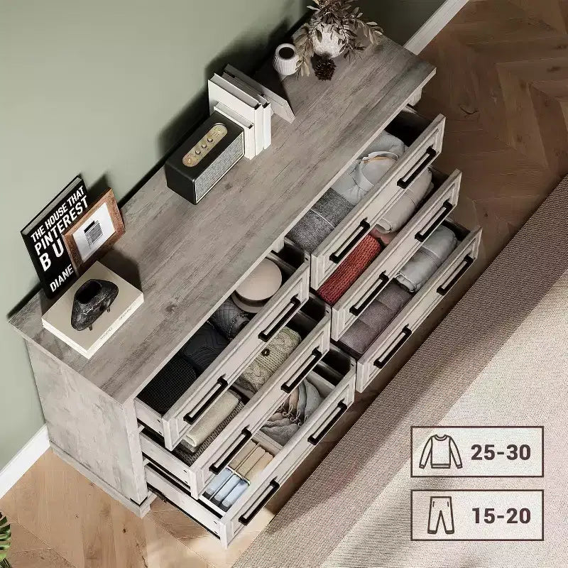 Cassettiera rustica da 55", comò a 6 cassetti, con texture naturale, con maniglia in metallo, per soggiorno, ingresso