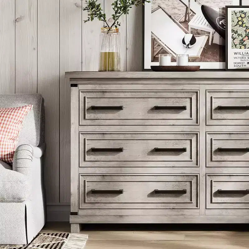 Cassettiera rustica da 55", comò a 6 cassetti, con texture naturale, con maniglia in metallo, per soggiorno, ingresso