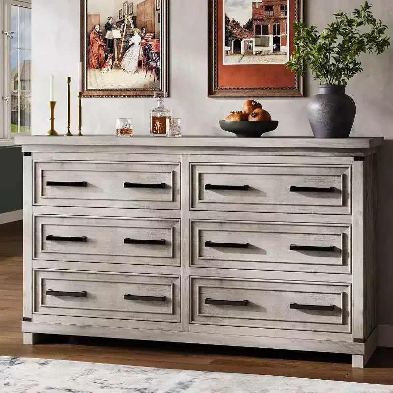 Cassettiera rustica da 55", comò a 6 cassetti, con texture naturale, con maniglia in metallo, per soggiorno, ingresso