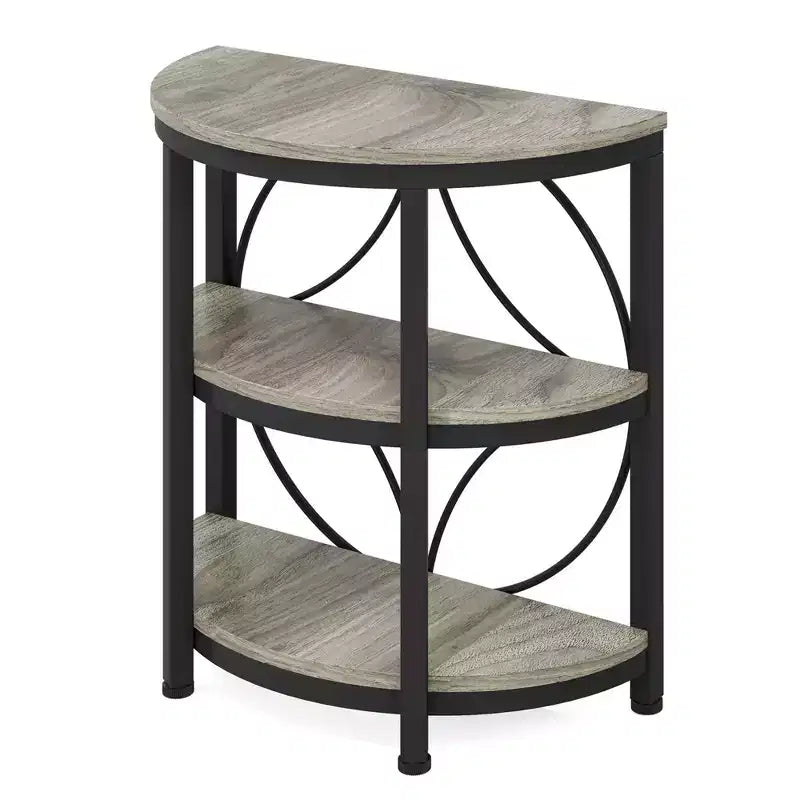 MAYEERTY Tavolino Laterale Semicircolare, Piano Marrone Rustico, Gambe in Metallo Nero, 3 Ripiani Aperti