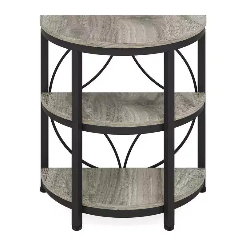 MAYEERTY Tavolino Laterale Semicircolare, Piano Marrone Rustico, Gambe in Metallo Nero, 3 Ripiani Aperti