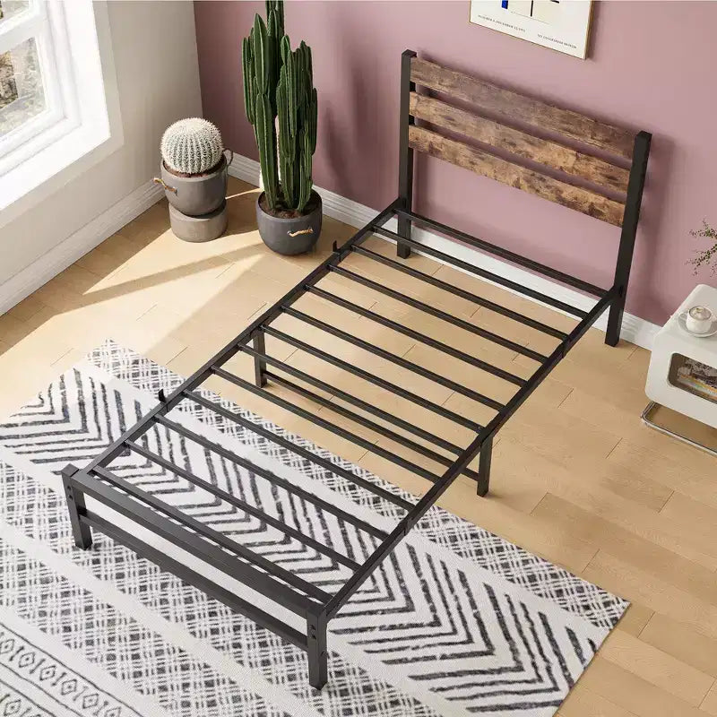 CLIHOME Rustic Brown Platform Bed Frame with Rustic Vintage Wood Headboard, Strong Metal Slats Support Mattress Foundation