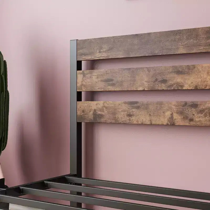 CLIHOME Rustic Brown Platform Bed Frame with Rustic Vintage Wood Headboard, Strong Metal Slats Support Mattress Foundation
