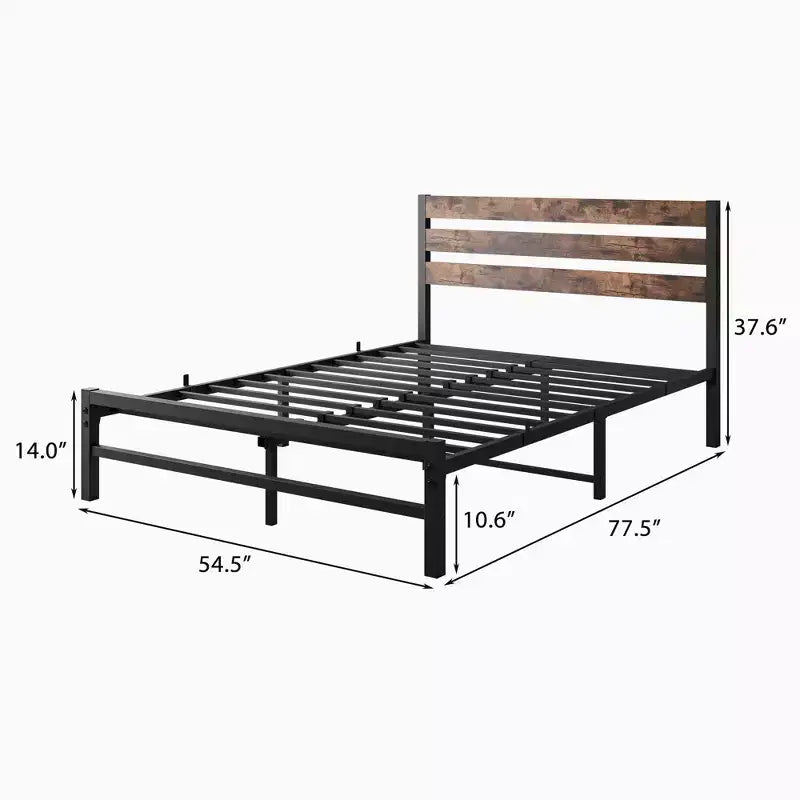 CLIHOME Rustic Brown Platform Bed Frame with Rustic Vintage Wood Headboard, Strong Metal Slats Support Mattress Foundation